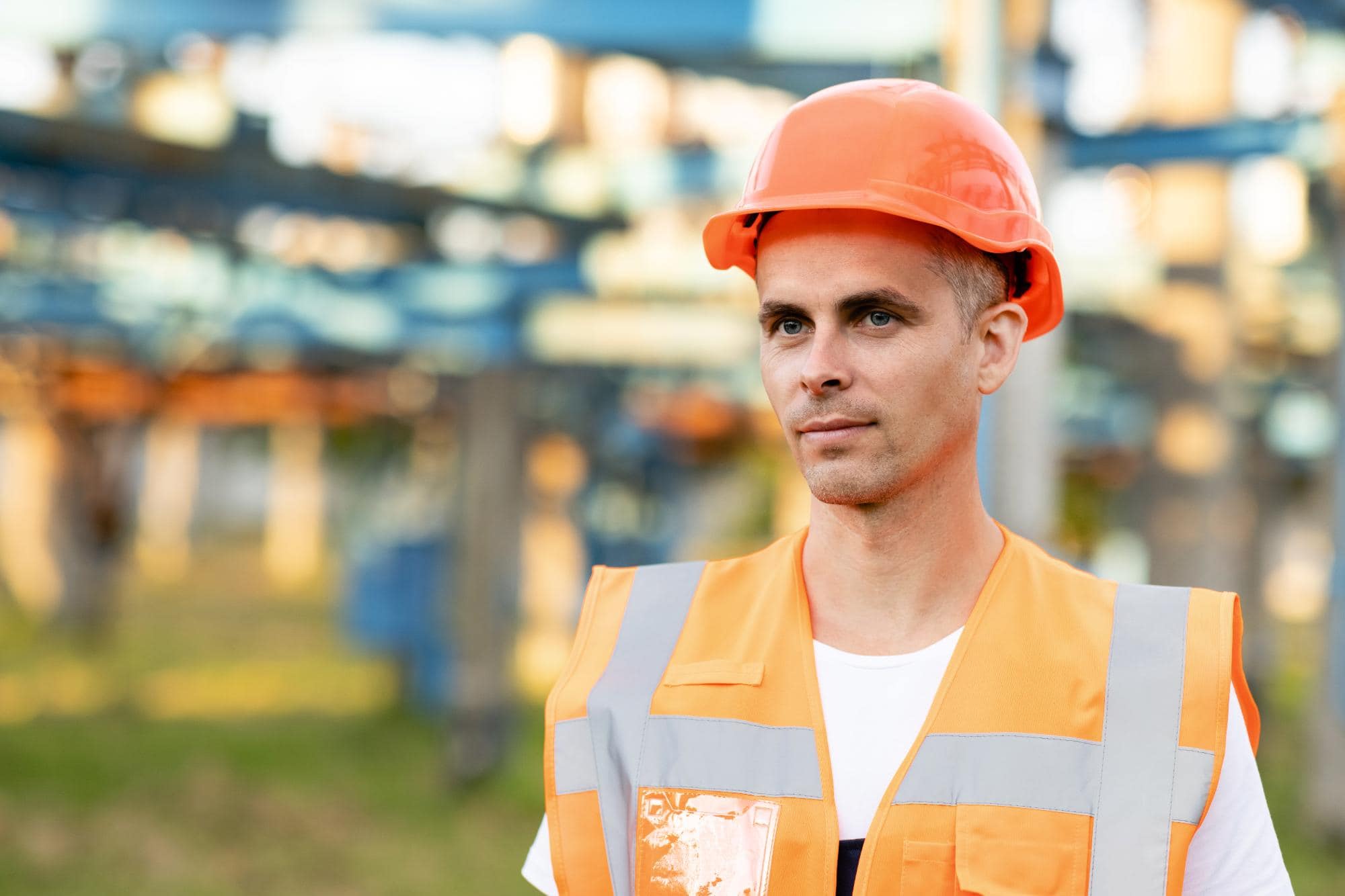 A man wearing an orange safety helmet and reflective vest stands outdoors at an industrial site, looking ahead with a neutral expression. The scene captures the focus required for engineering inspections NYC, with blurred metal structures in the background.